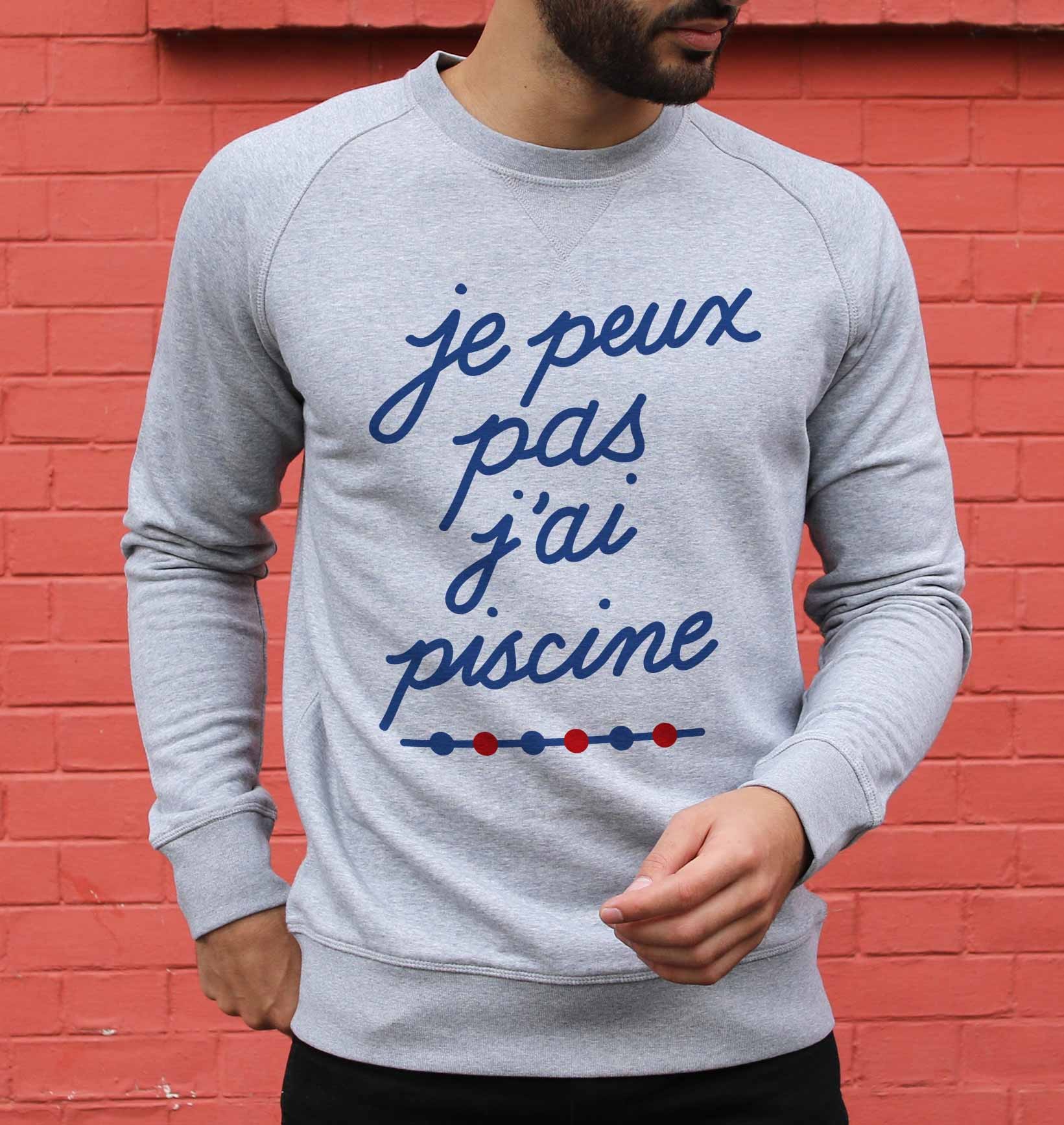Sweatshirt Je Peux Pas J'ai Piscine de couleur Gris chiné par Vague A L'Âme