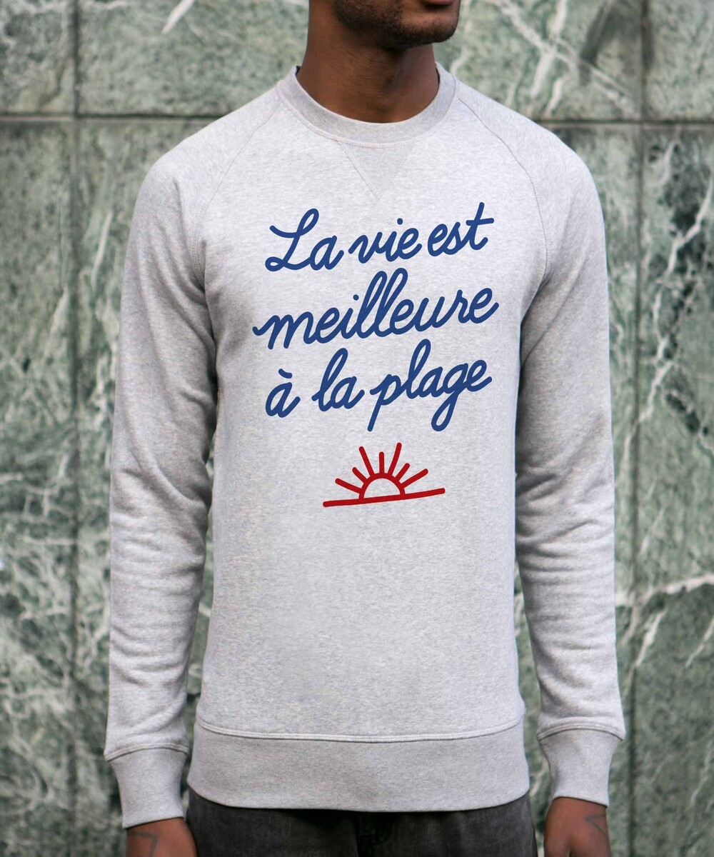 Sweat pour Homme La Vie à la Plage de couleur Gris chiné