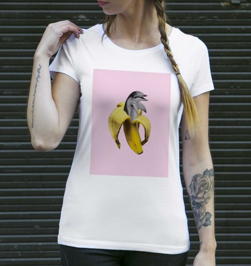T-shirt pour Femme Femme Dauphin Banane de couleur Blanc