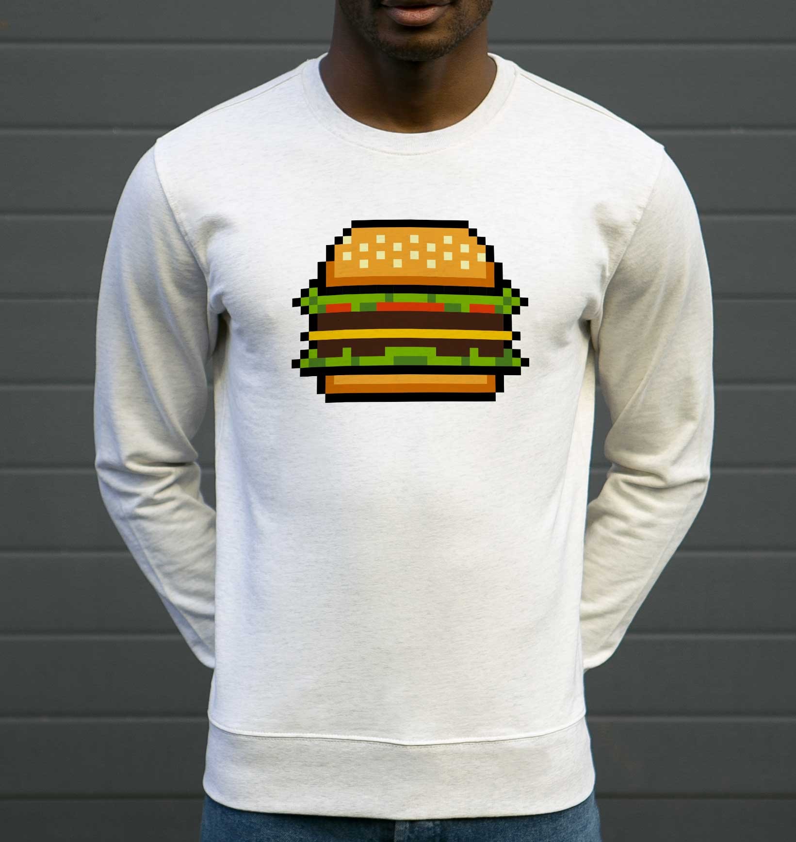 Sweat Pixel Burger de couleur Gris chiné