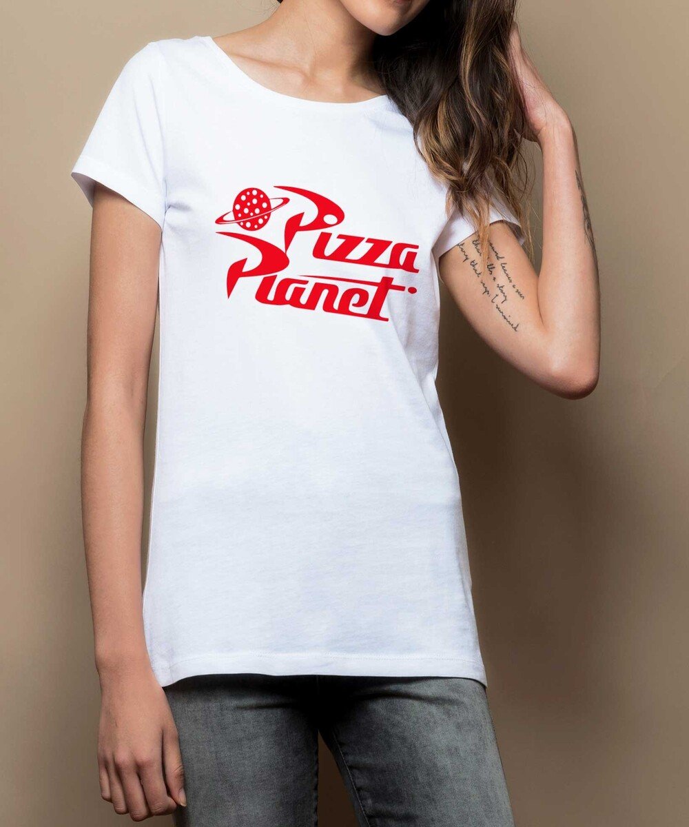 T-shirt pour Femme Femme Pizza Planet de couleur Blanc