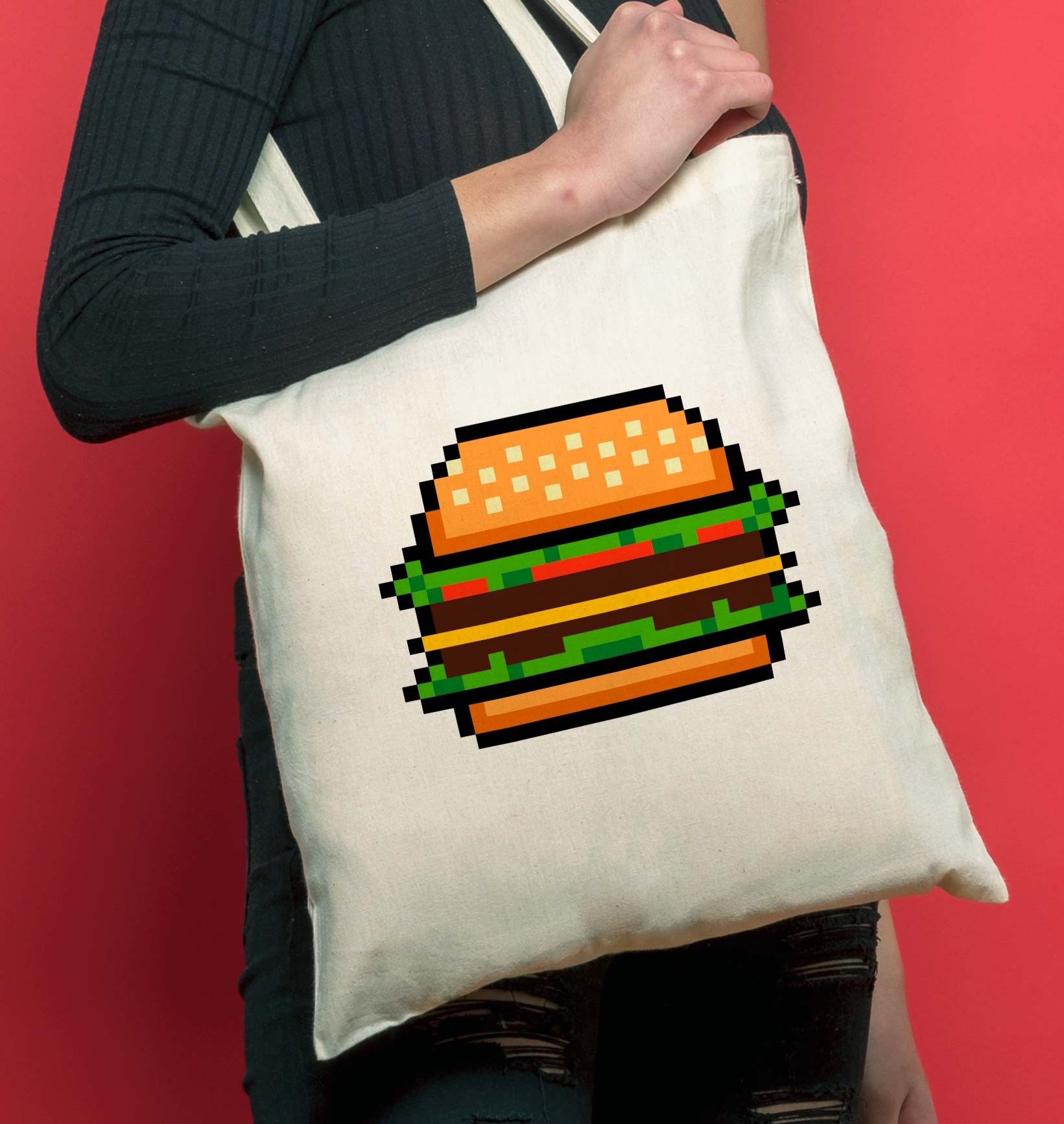 Tote-bag Hamburger en Pixels de couleur Écru