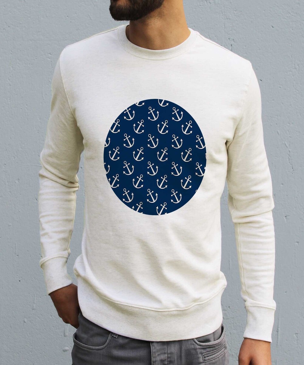 Sweat pour Homme Motifs Ancres Marines de couleur Beige chiné