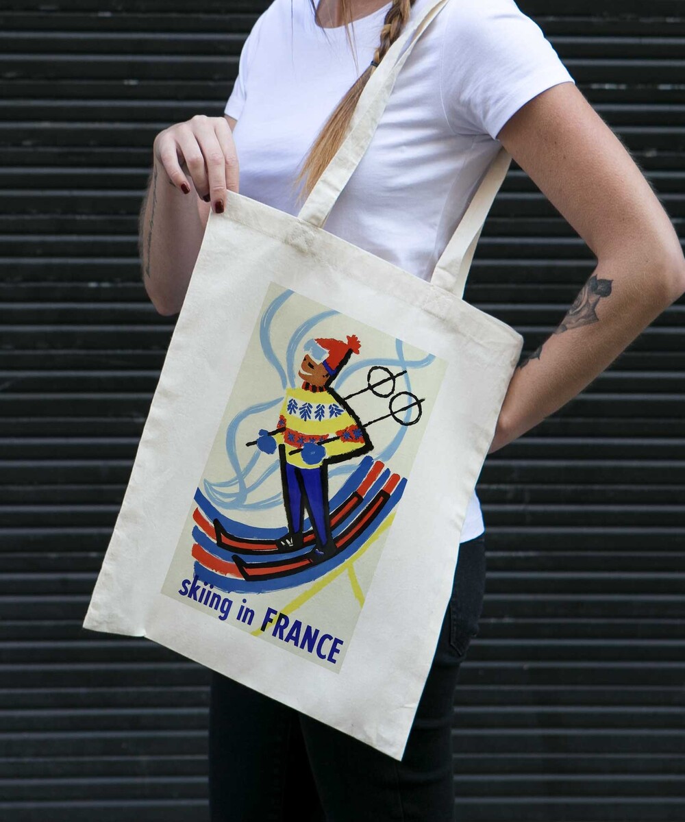 Tote Bag Skiing In France de couleur Crème