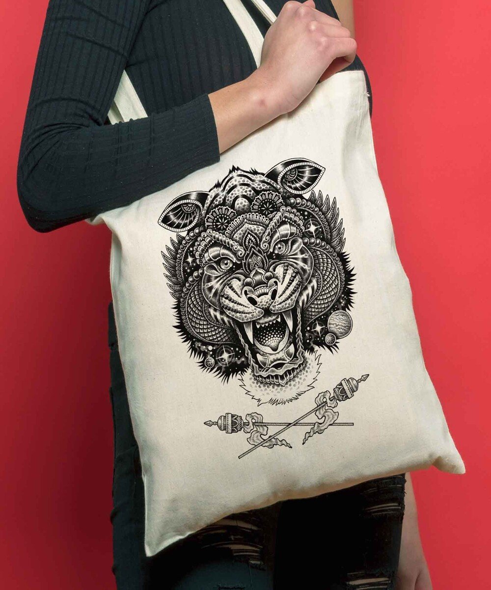Tote Bag Cosmic Tiger de couleur Crème