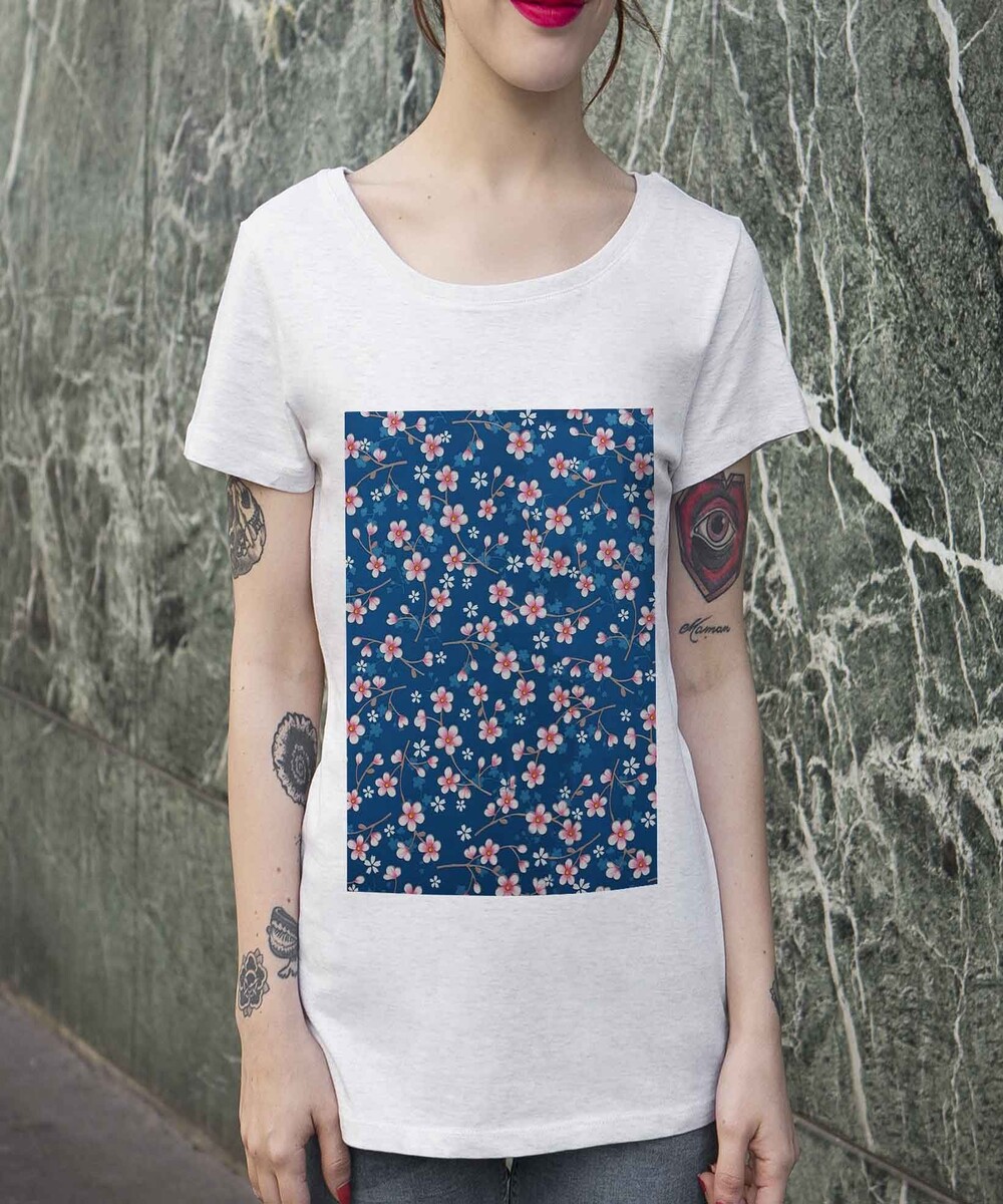 T-shirt pour Femme Femme Fleurs Cerisier de couleur Beige chiné