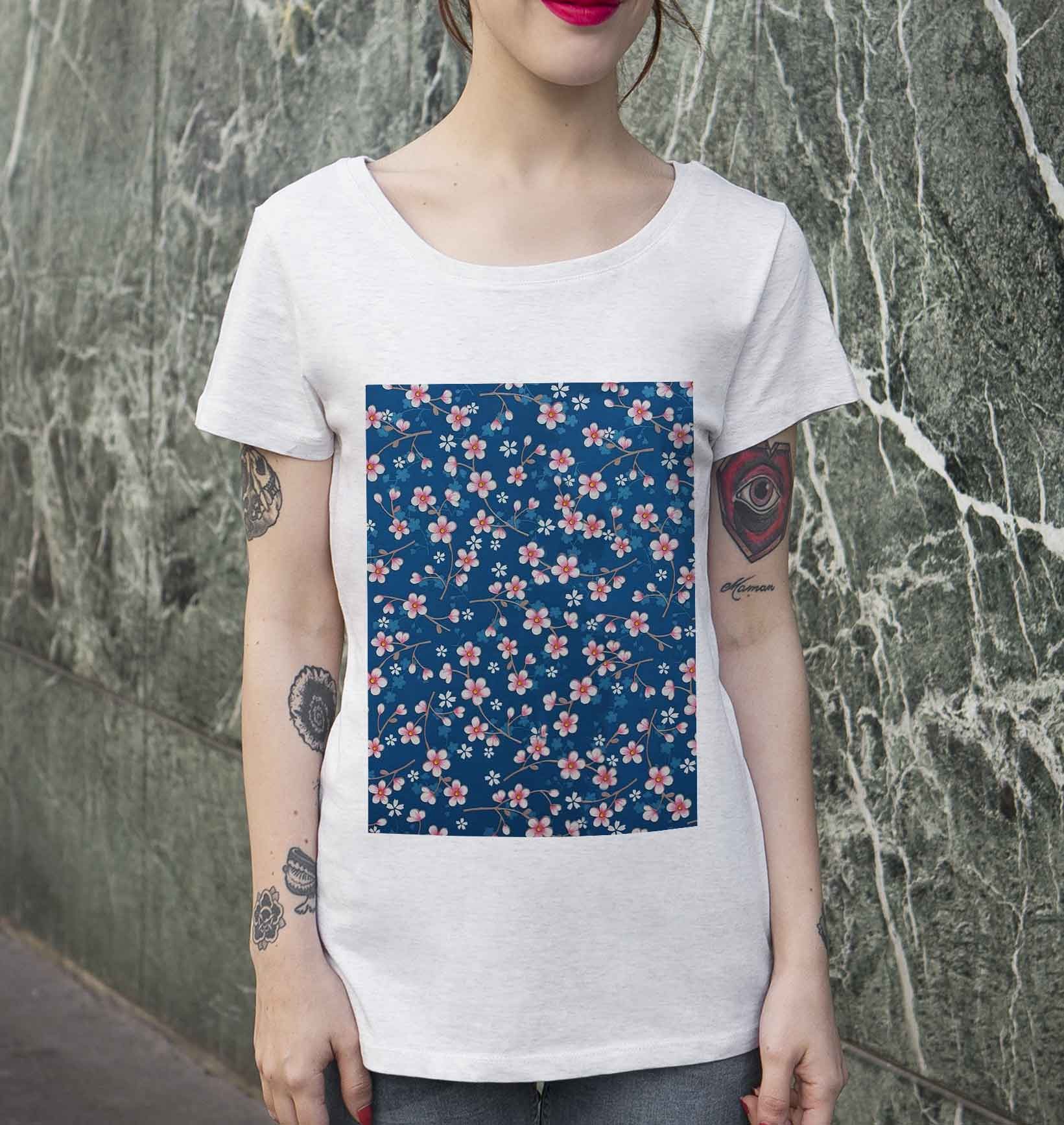 T-shirt Femme Fleurs Cerisier de couleur Beige chiné