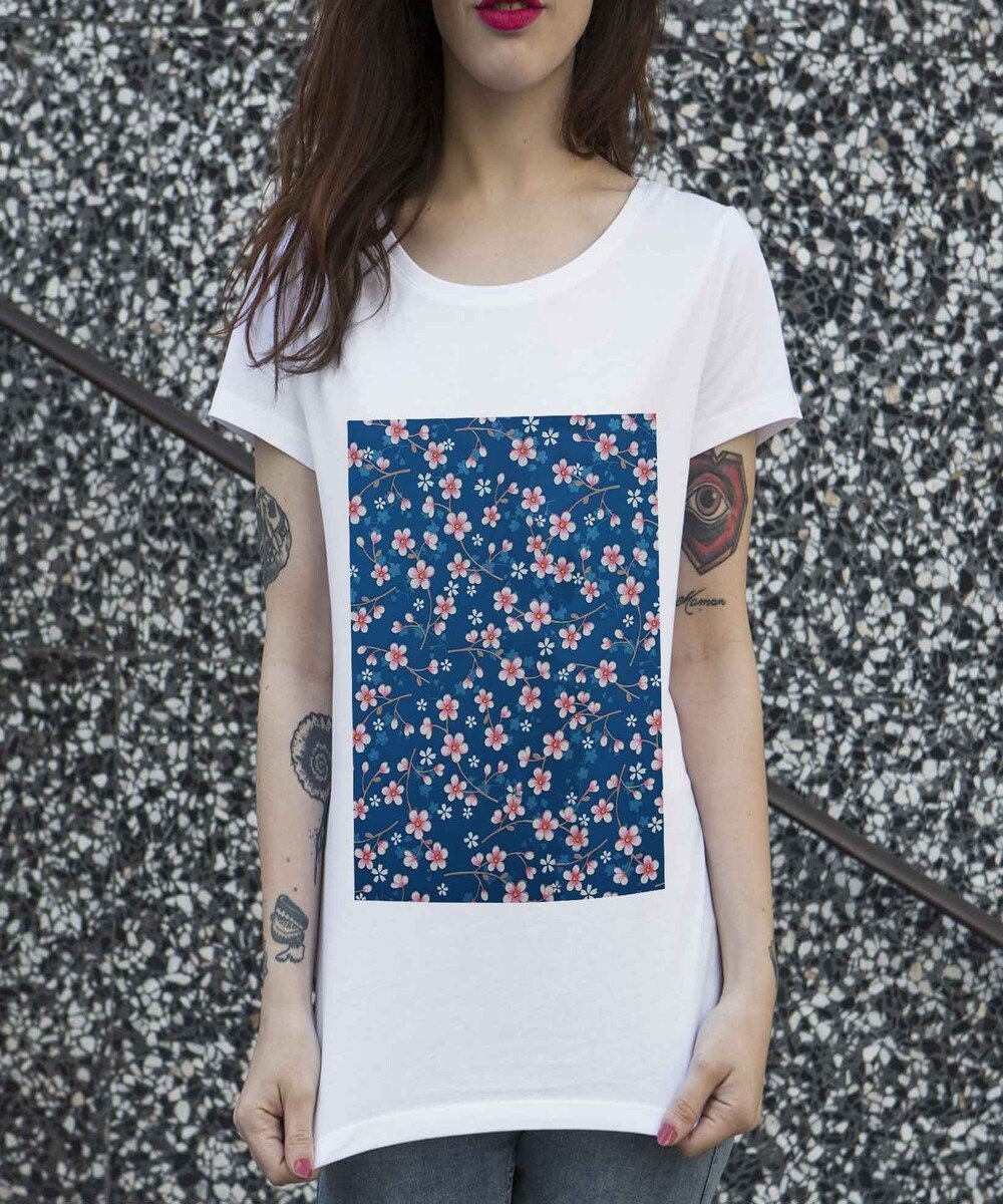 T-shirt pour Femme Femme Fleurs Cerisier de couleur Beige chiné