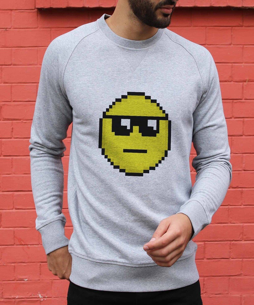 Sweat pour Homme Pixel Smiley Soleil de couleur Gris chiné