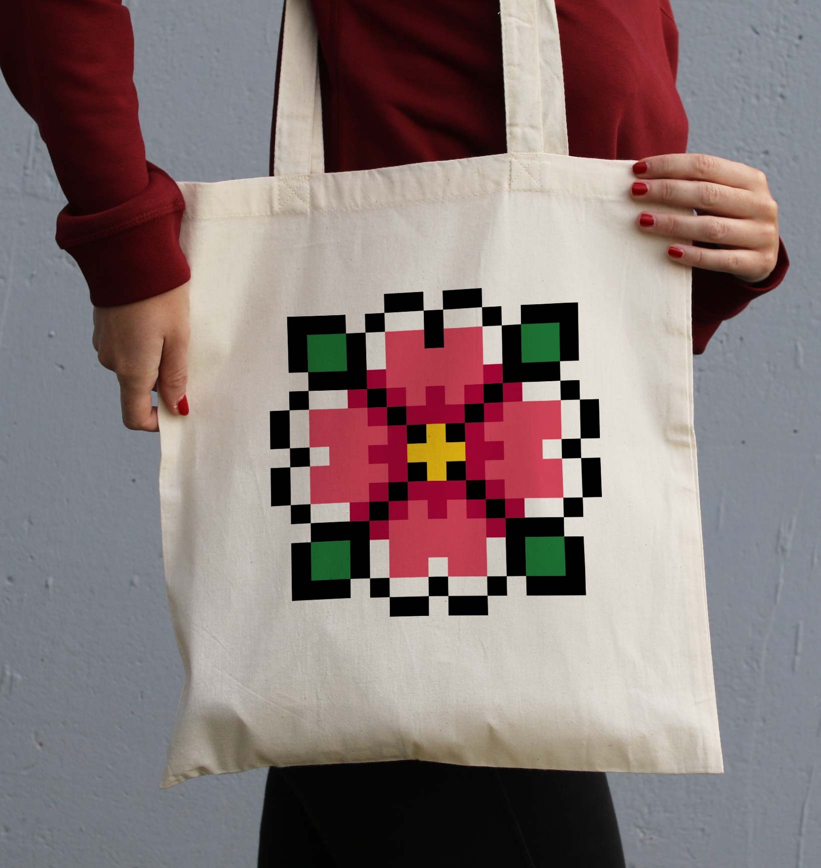 Tote Bag Pixel Fleur de couleur Écru