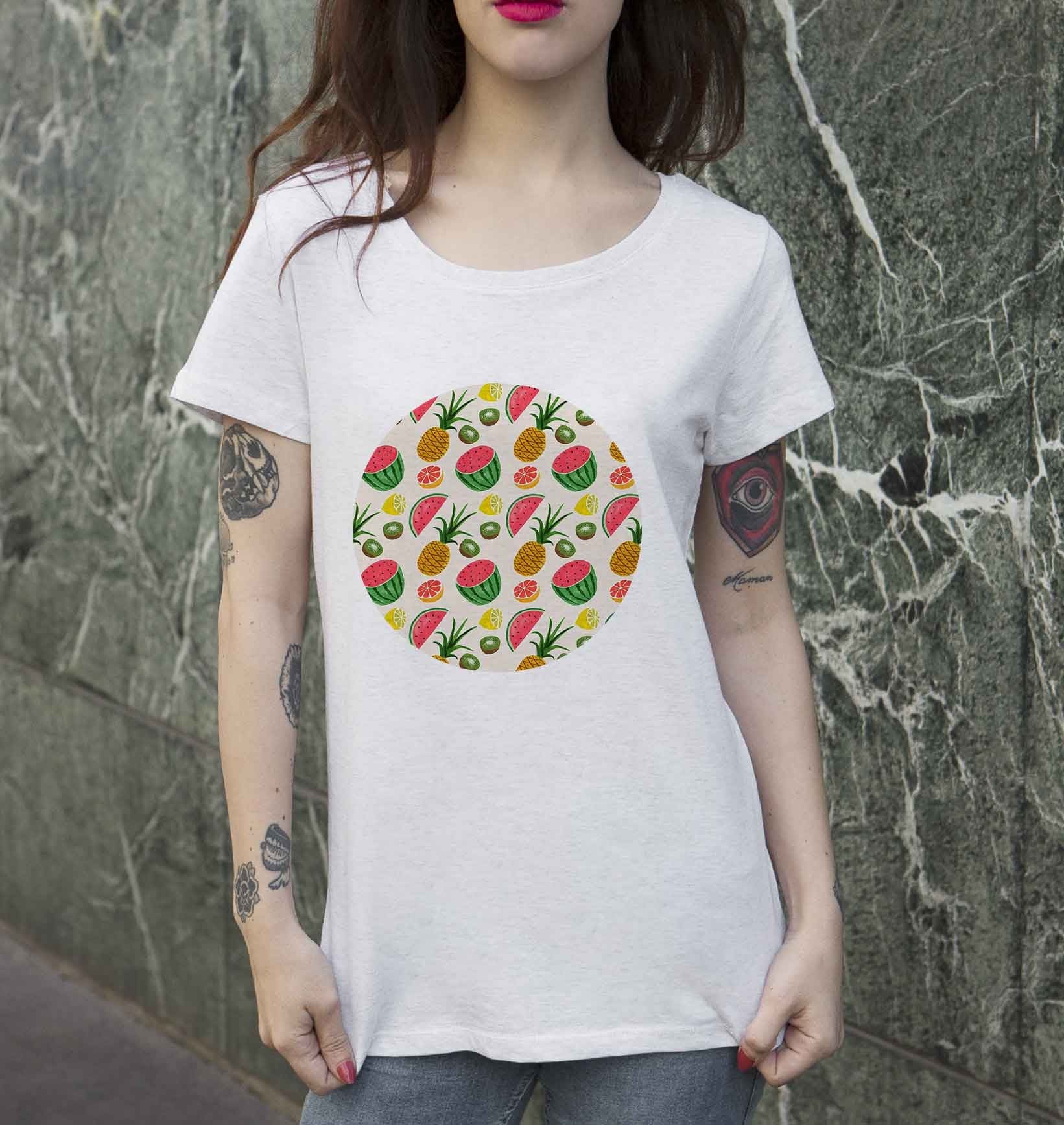 T-shirt Femme Motifs Fruits d'Été de couleur Blanc