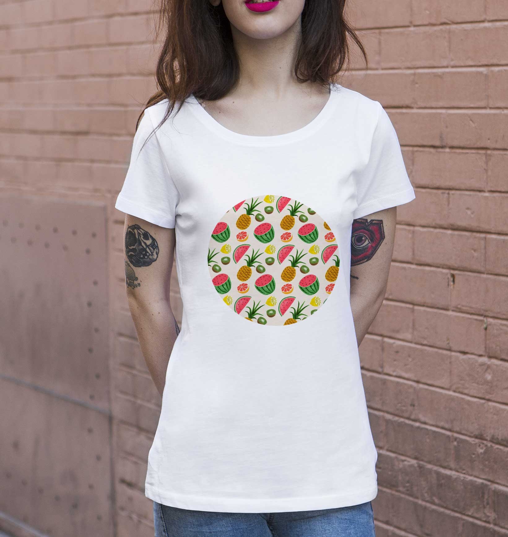 T-shirt Femme Motifs Fruits d'Été de couleur Blanc