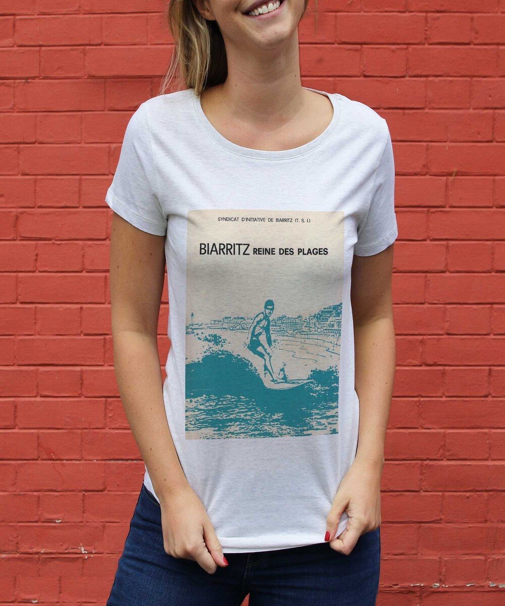 T-shirt pour Femme Femme Biarritz Reine des Plages de couleur Beige chiné