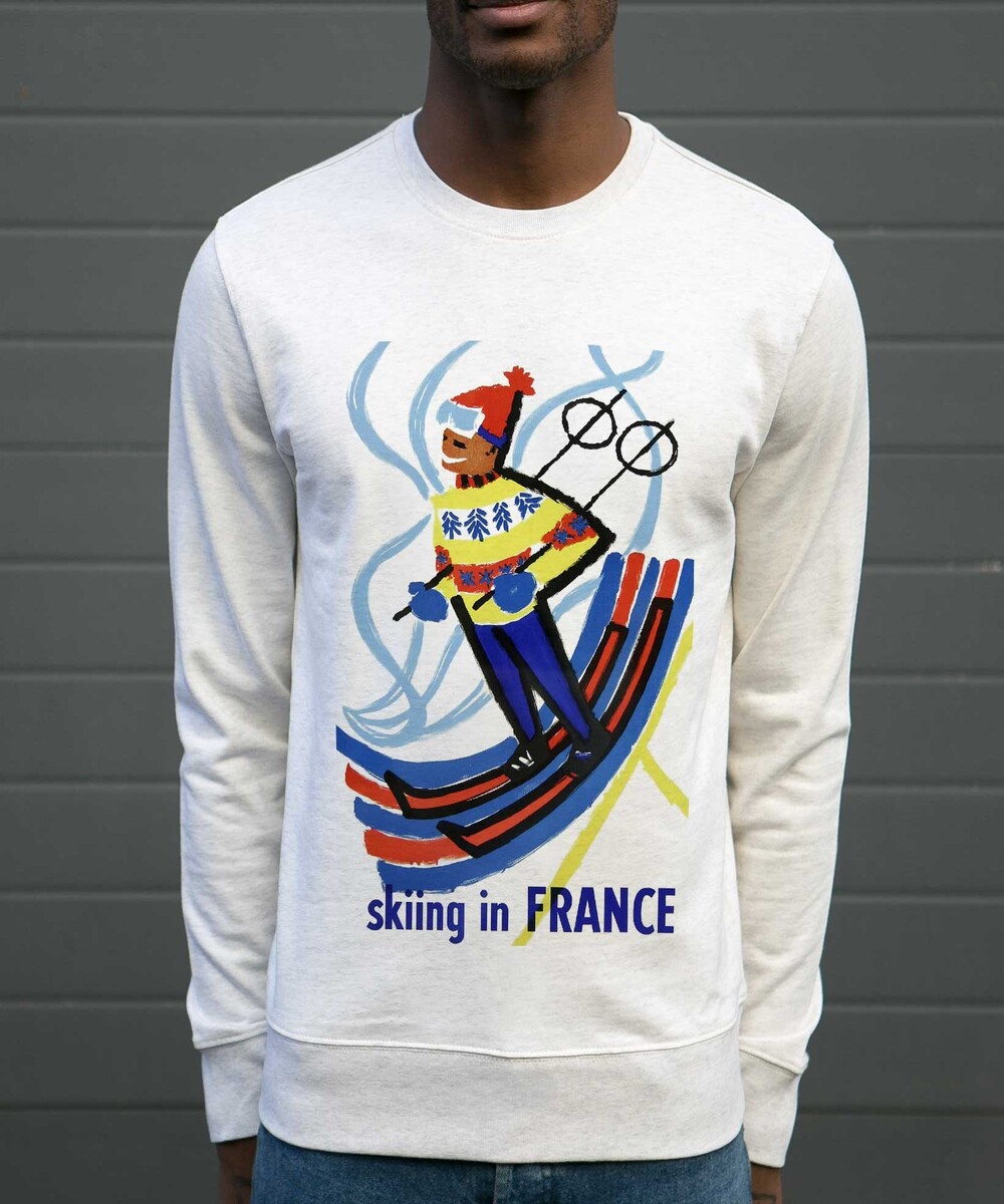Sweat pour Homme Skiing in France de couleur Beige chiné