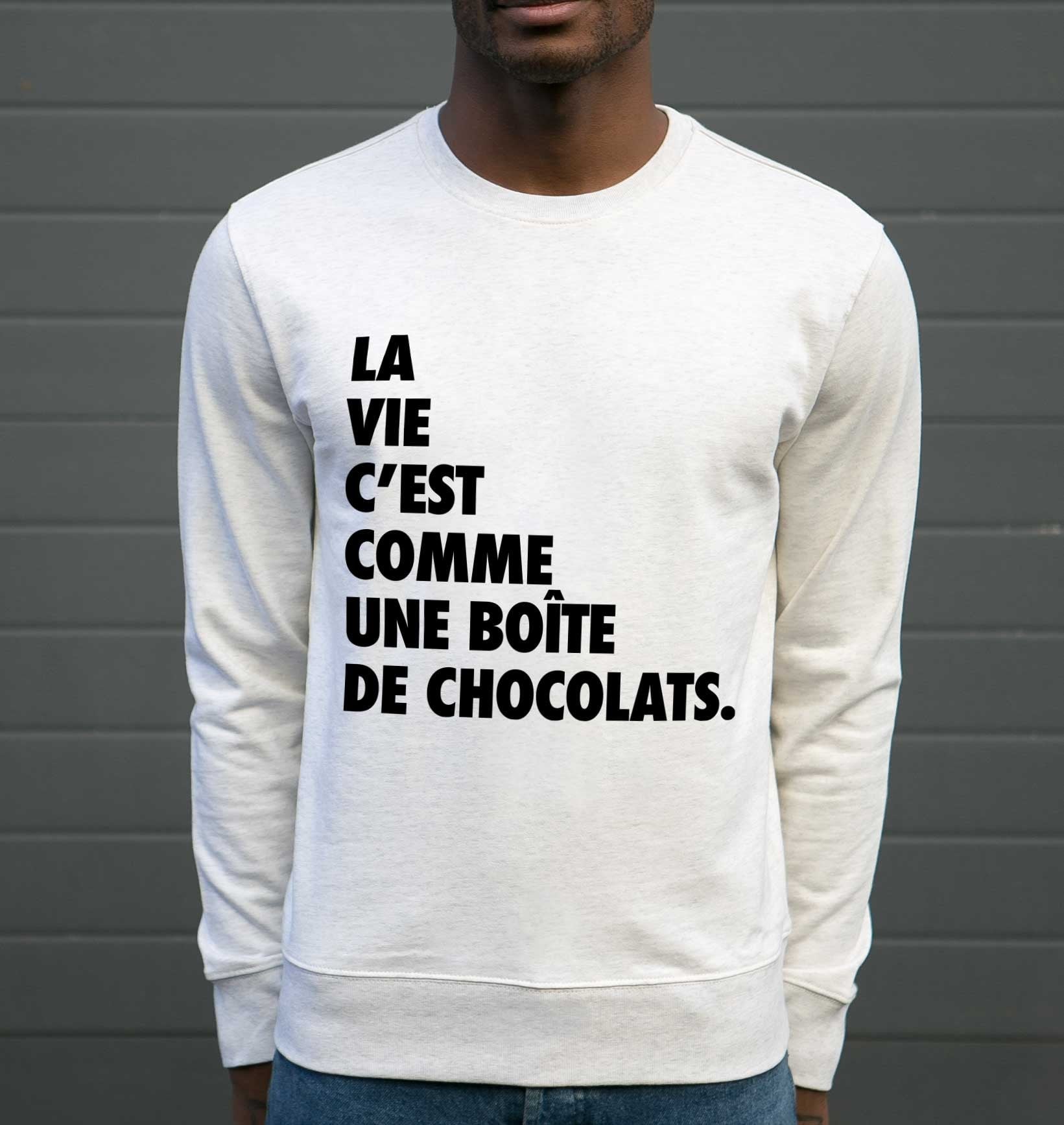Sweat La Vie C'est Comme Une Boîte De Chocolats de couleur Gris chiné