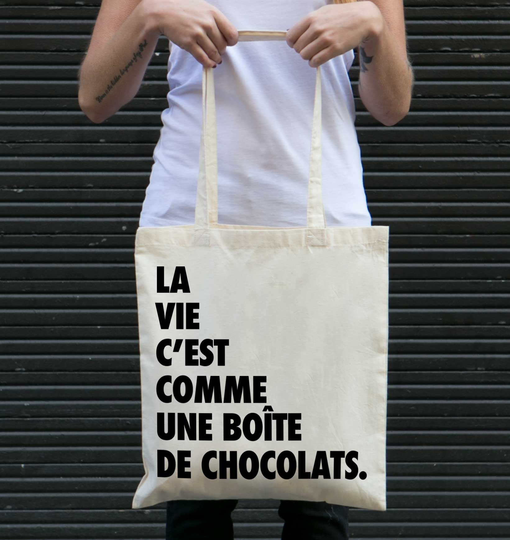 Tote Bag La Vie C'est Comme Une Boîte de Chocolats de couleur Écru