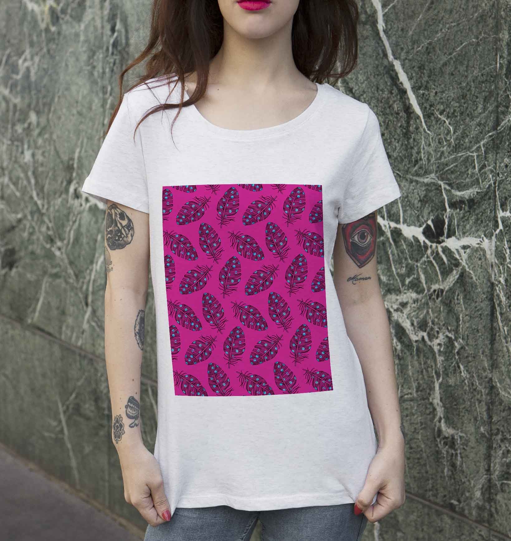T-shirt Femme Plumes Roses de couleur Beige chiné