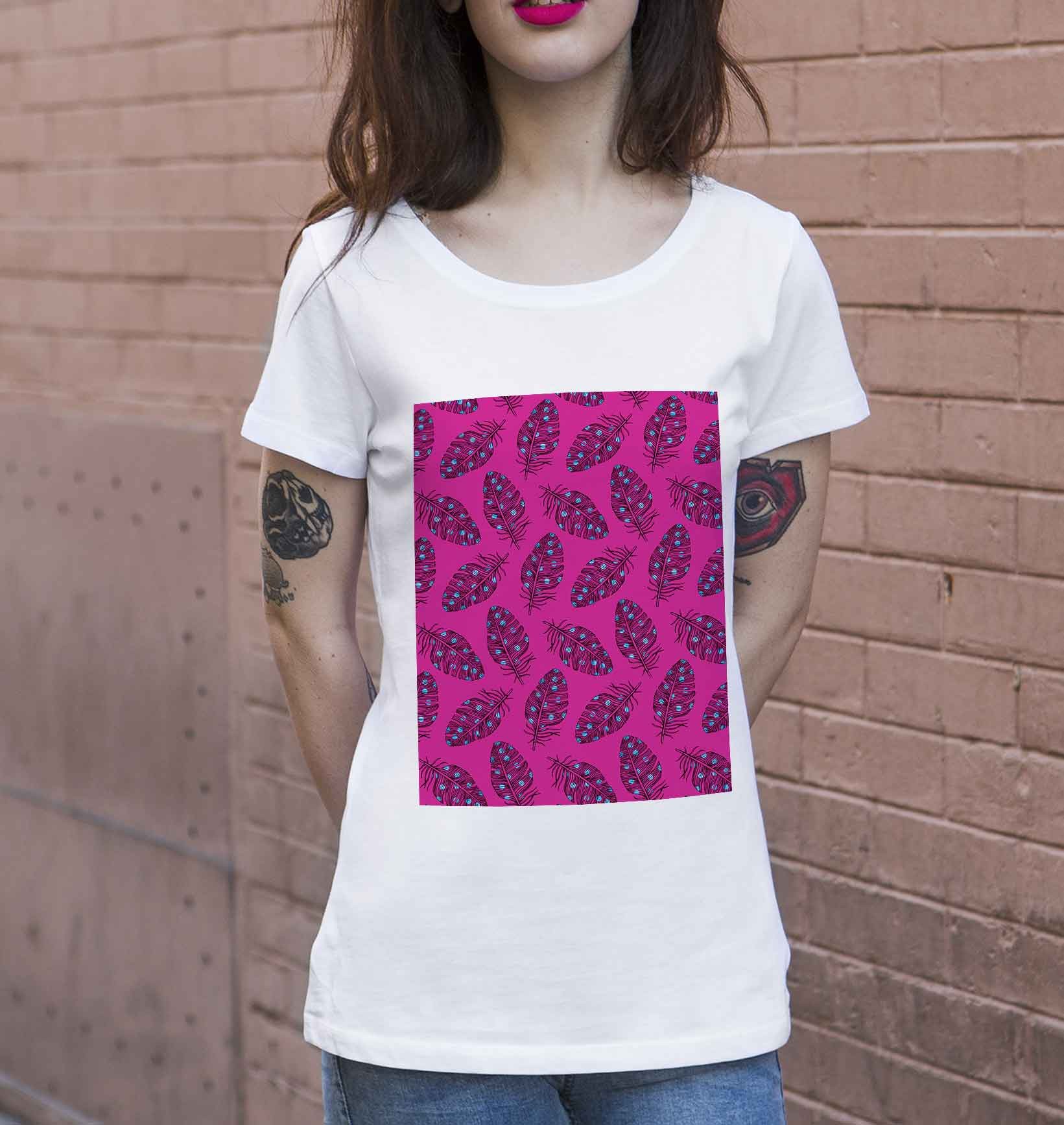 T-shirt Femme Plumes Roses de couleur Beige chiné