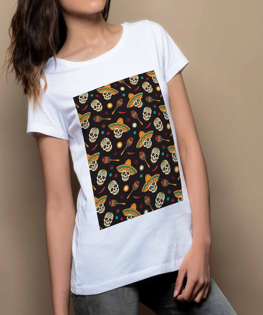 T-shirt pour Femme Femme Têtes de Mort Mexicaines de couleur Blanc