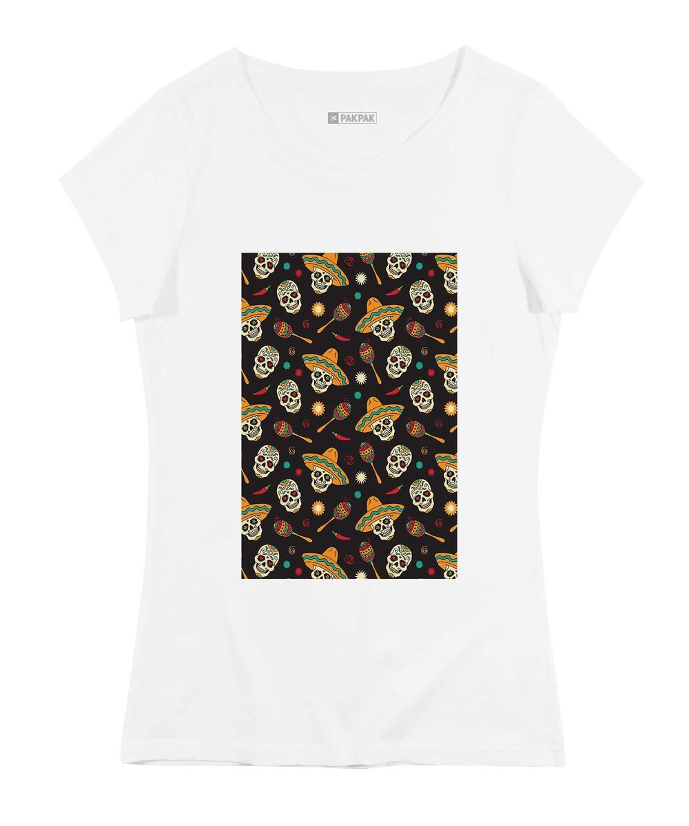 T-shirt pour Femme Femme Têtes de Mort Mexicaines de couleur Blanc
