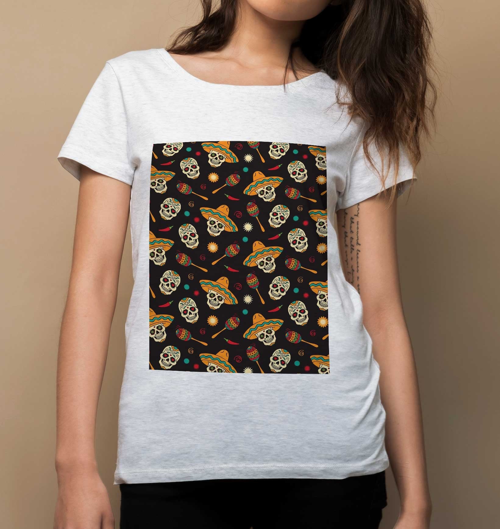 T-shirt Femme Têtes de Mort Mexicaines de couleur Blanc