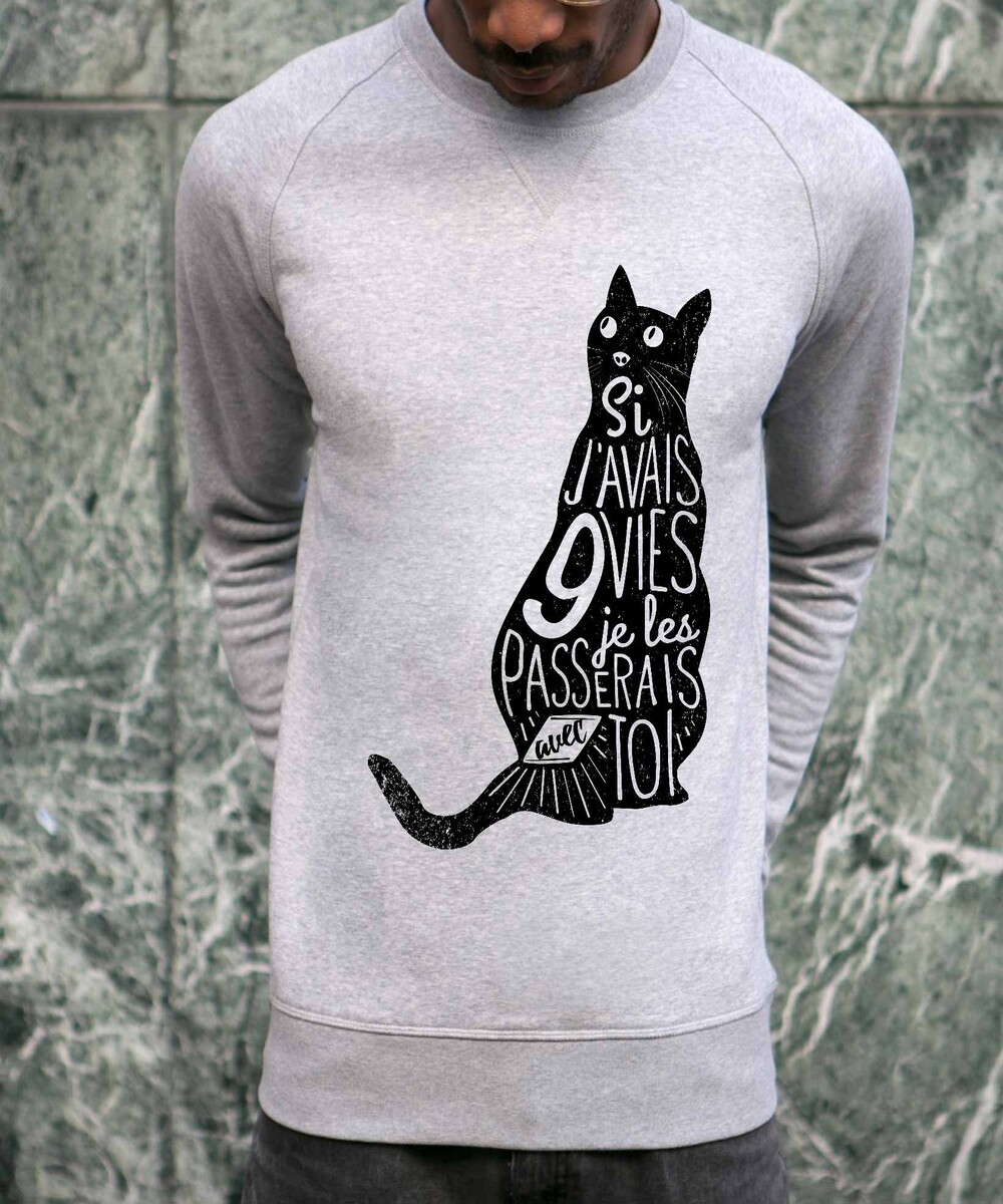 Sweat pour Homme 9 vies de couleur Gris chiné