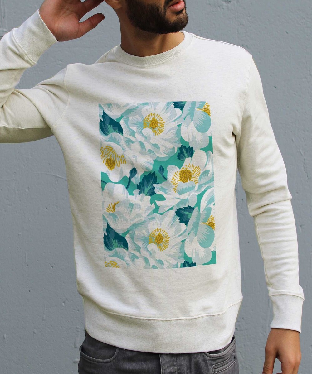 Sweat pour Homme Fleurs Blanches de couleur Beige chiné