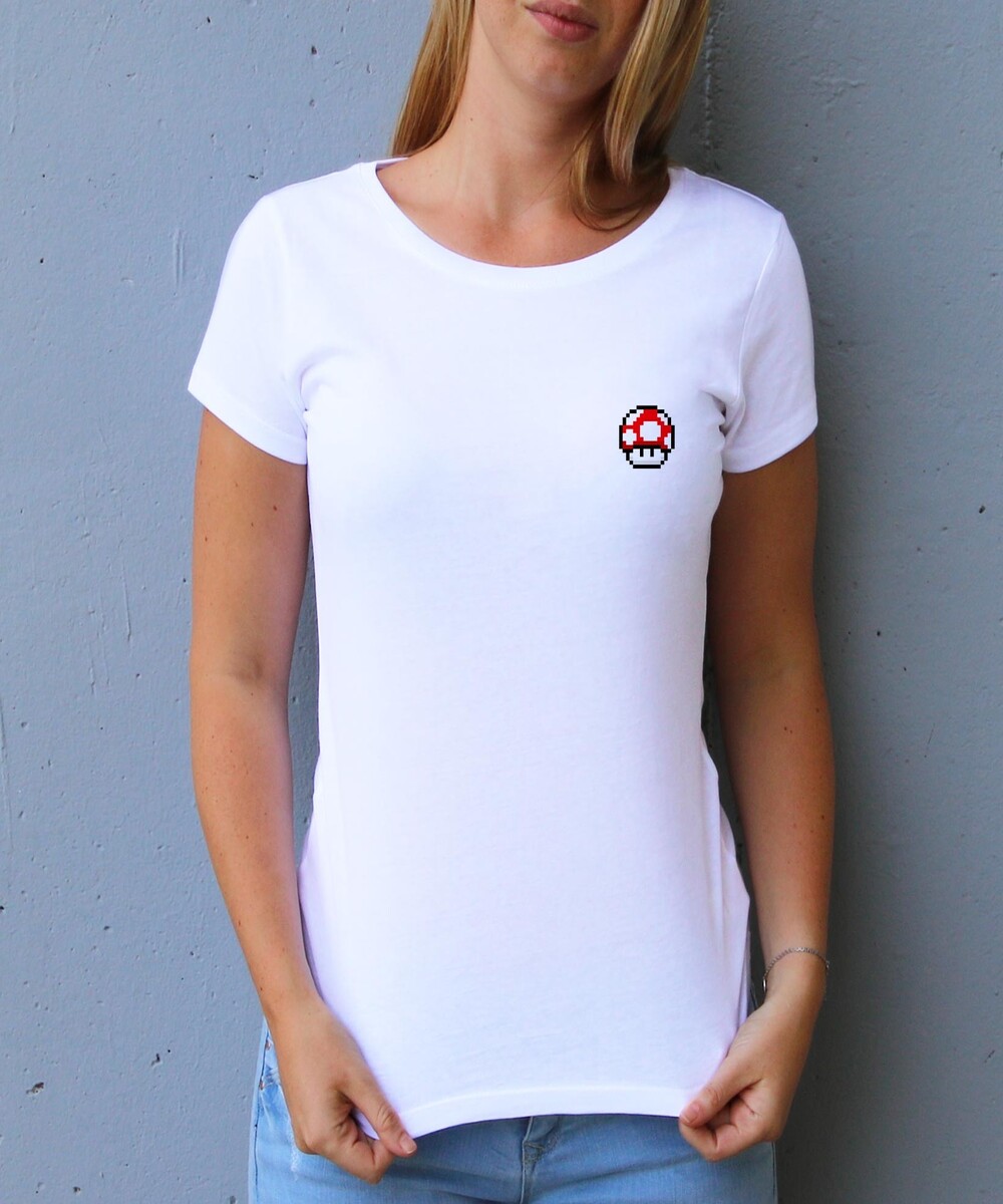 T-shirt pour Femme Femme Pixel Champignon de couleur Blanc