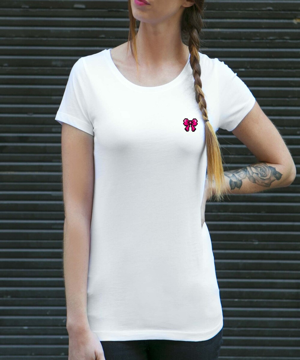 T-shirt pour Femme Femme Pixel Noeud Rose de couleur Blanc