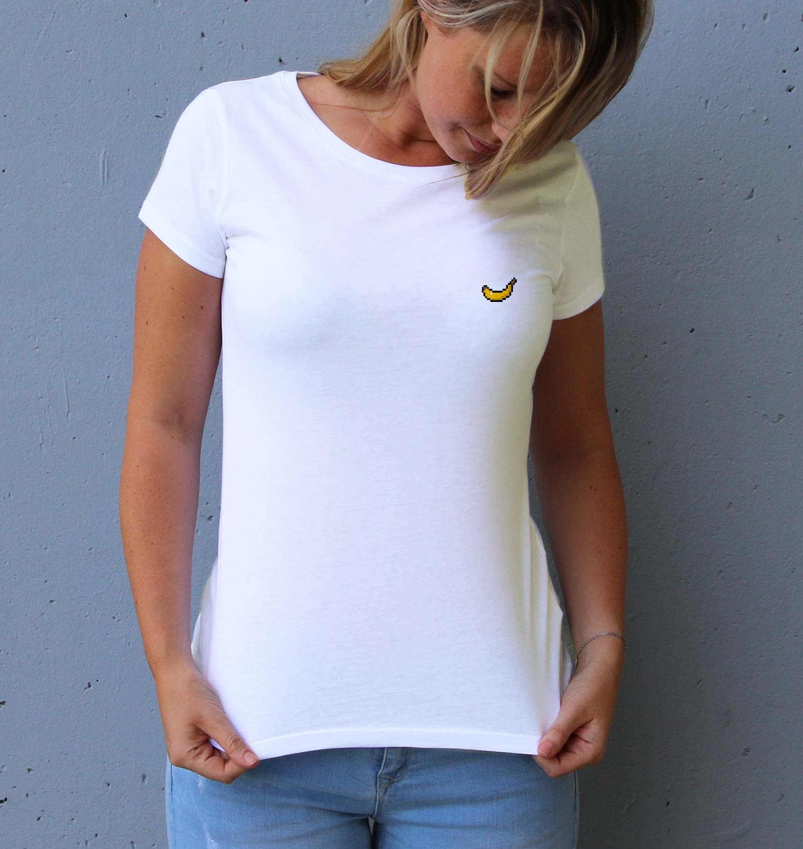 T-shirt Femme Pixel Banane de couleur Blanc
