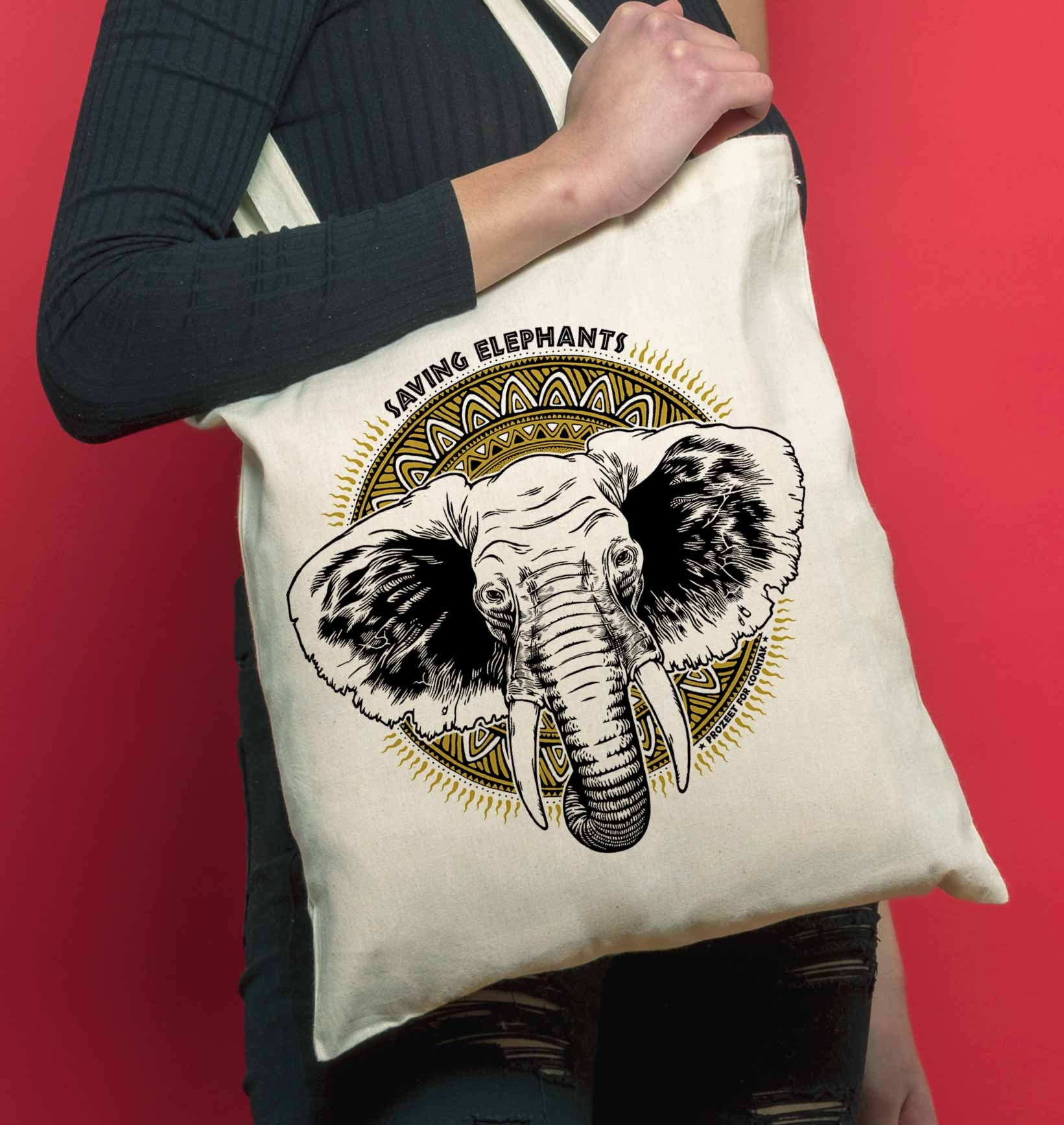 Tote Bag Elephants de couleur Écru par Coontak