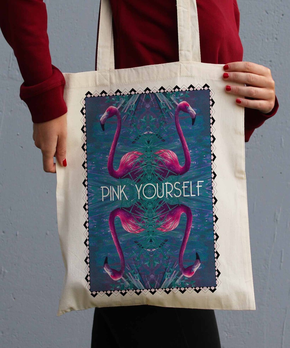 Tote Bag Pink Yourself de couleur Écru
