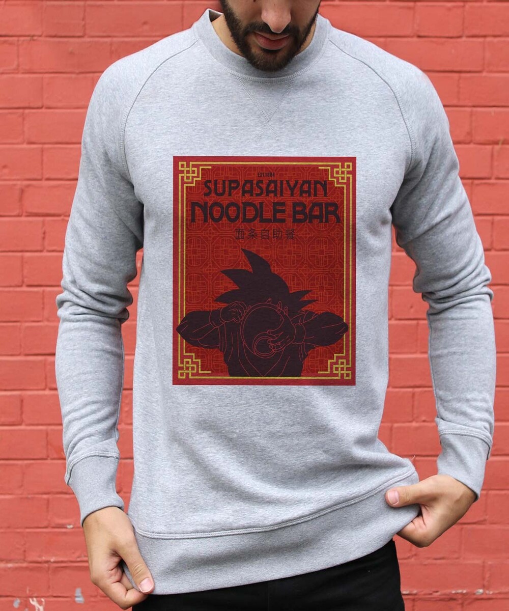 Sweat pour Homme Supa Saiyen Noodle Bar de couleur Gris chiné