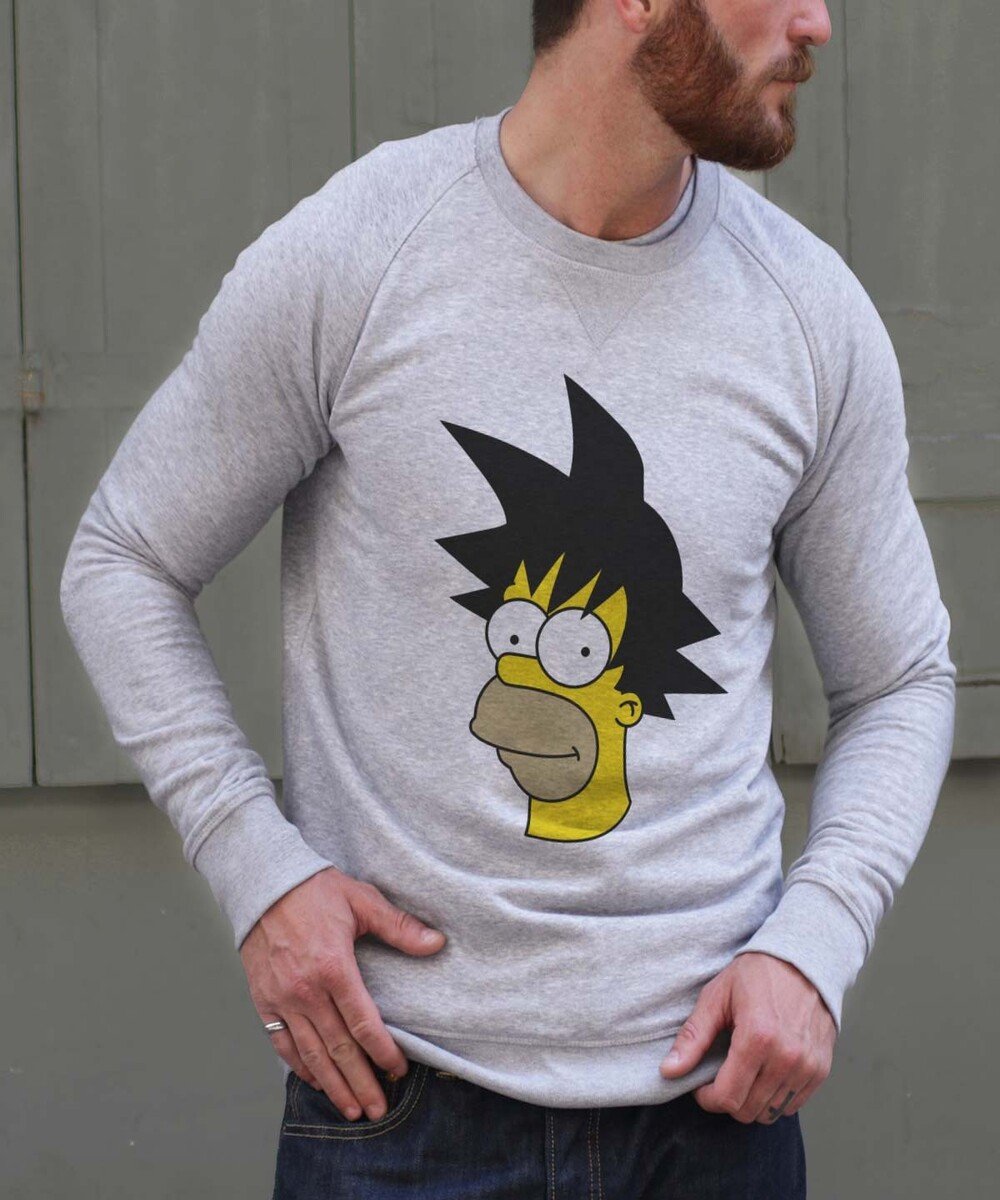 Sweat pour Homme Homer vs Goku de couleur Gris chiné