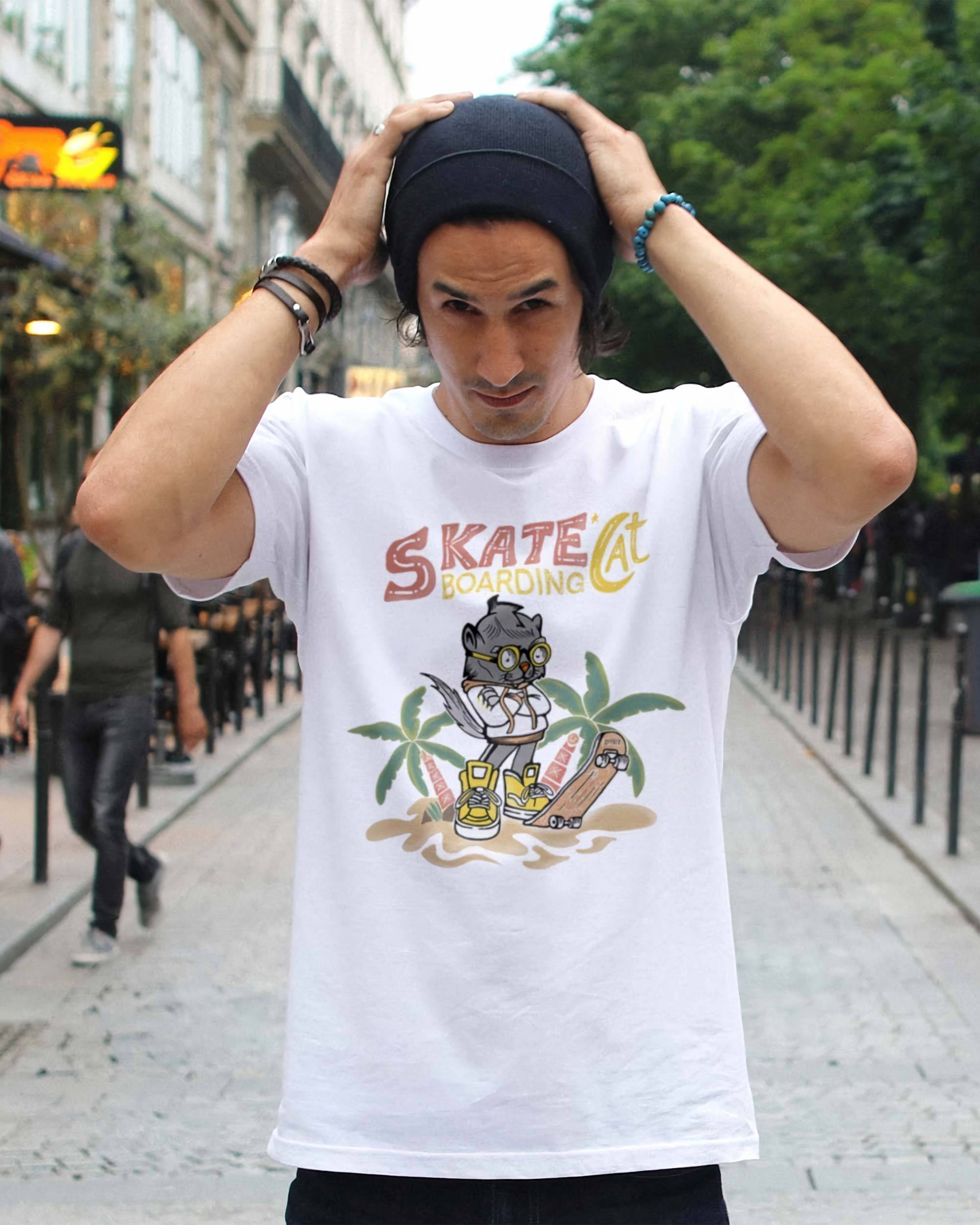 T-shirt Skateboarding Cat de couleur Blanc