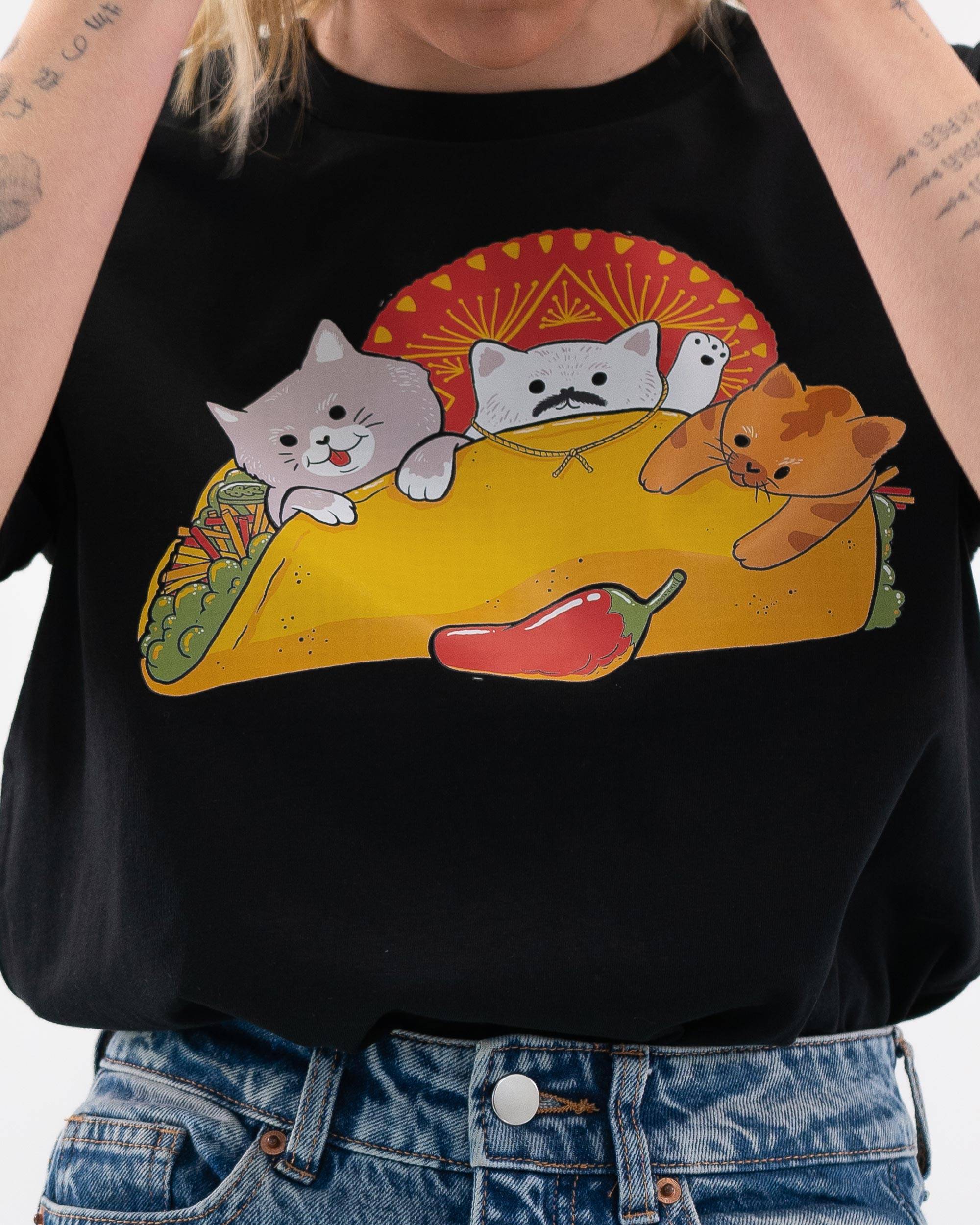 T-shirt Gatos before tacos (en promo) de couleur Noir