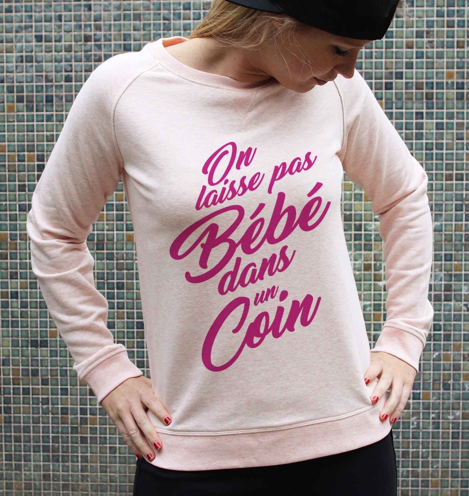 Sweat On Laisse Pas Bébé Dans Un Coin (en promo) de couleur Beige chiné