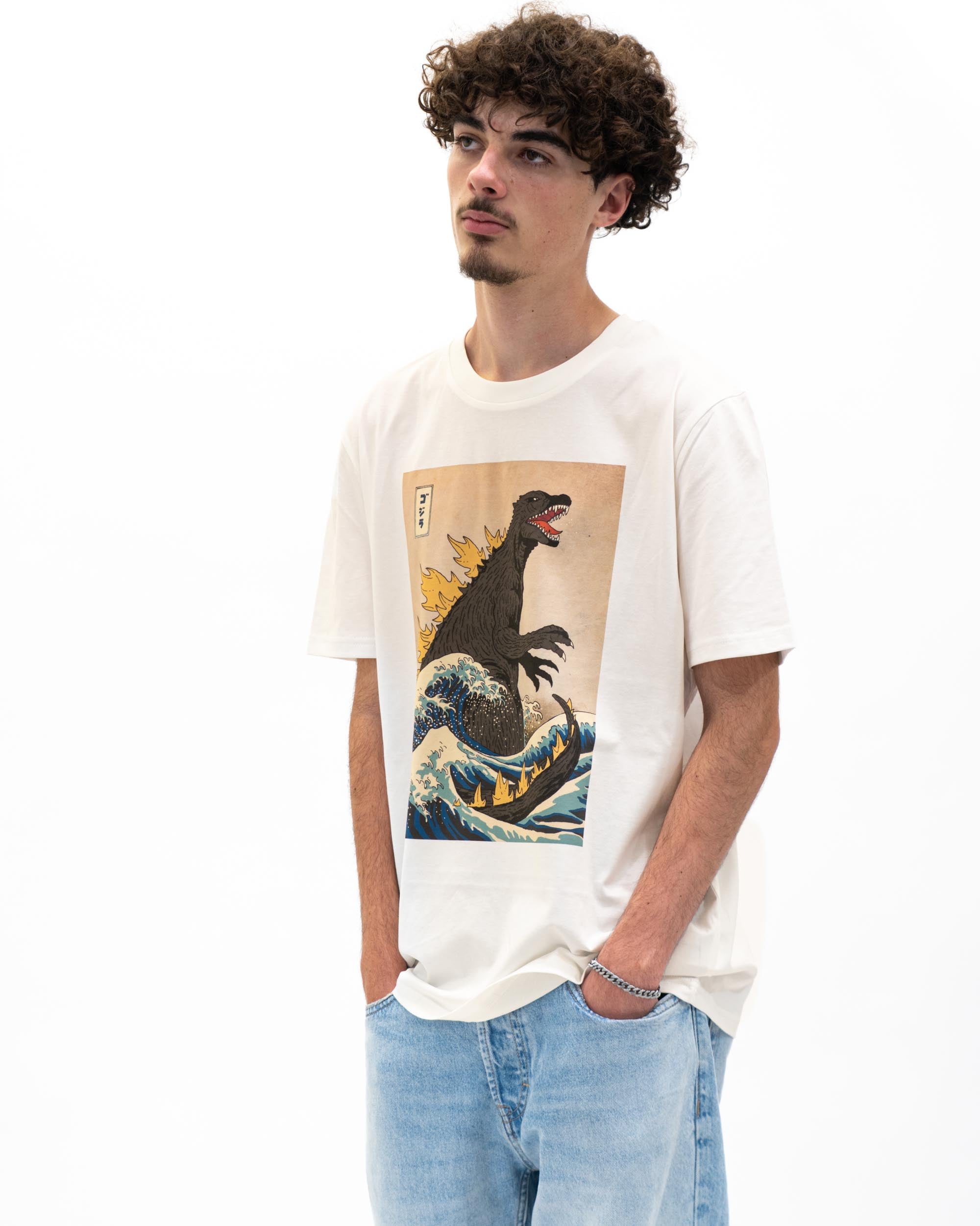 T-shirt Godzilla Vague Hokusai de couleur Blanc cassé