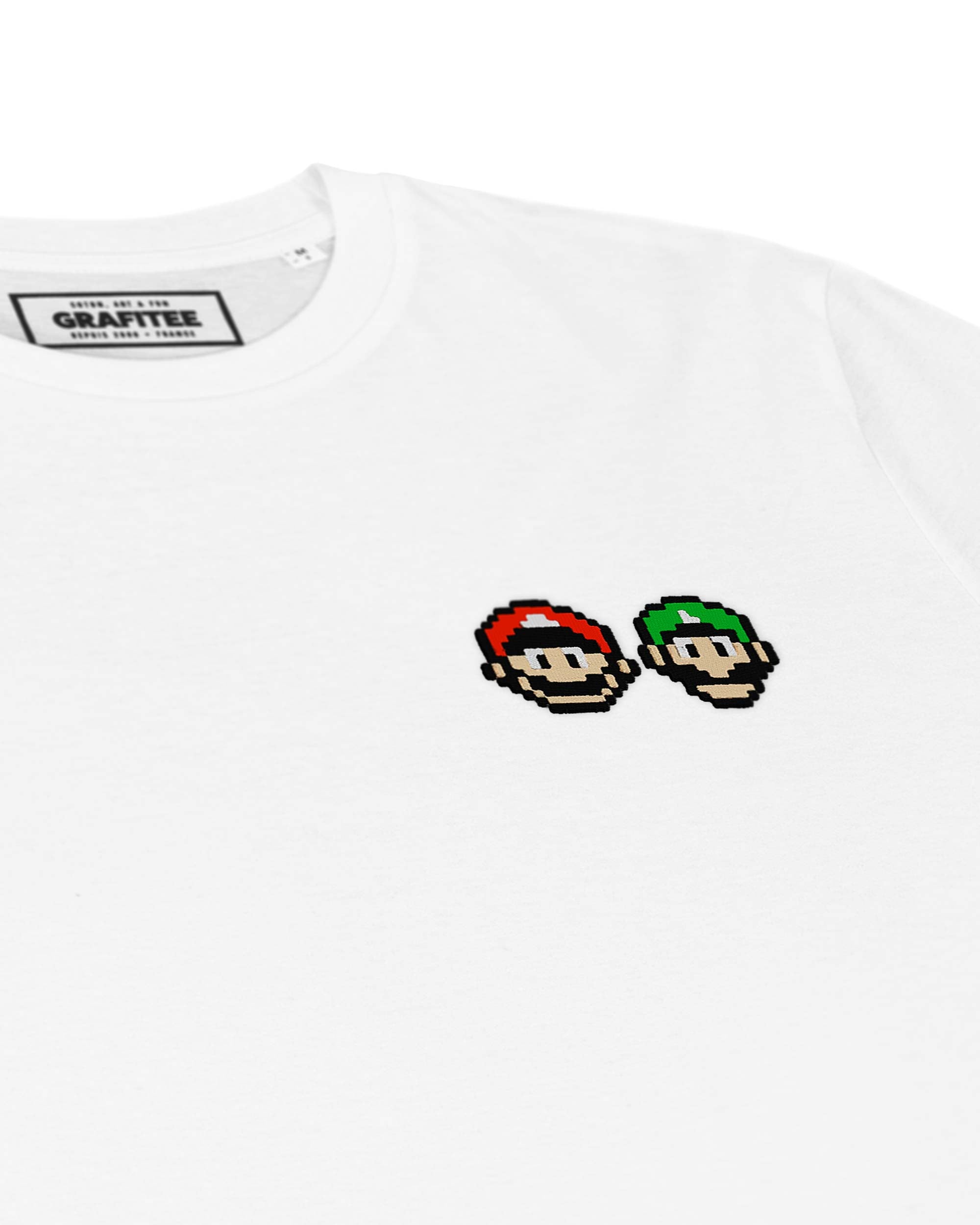 Tshirt Pixel Mario Luigi Bros Face (Brodé) de couleur Blanc